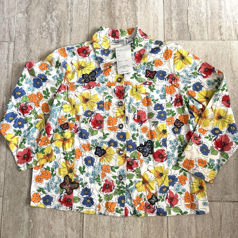 NWT Deadstock White Denim Jacket Sz 1X multicolor floral Gardening Groovy Hippie